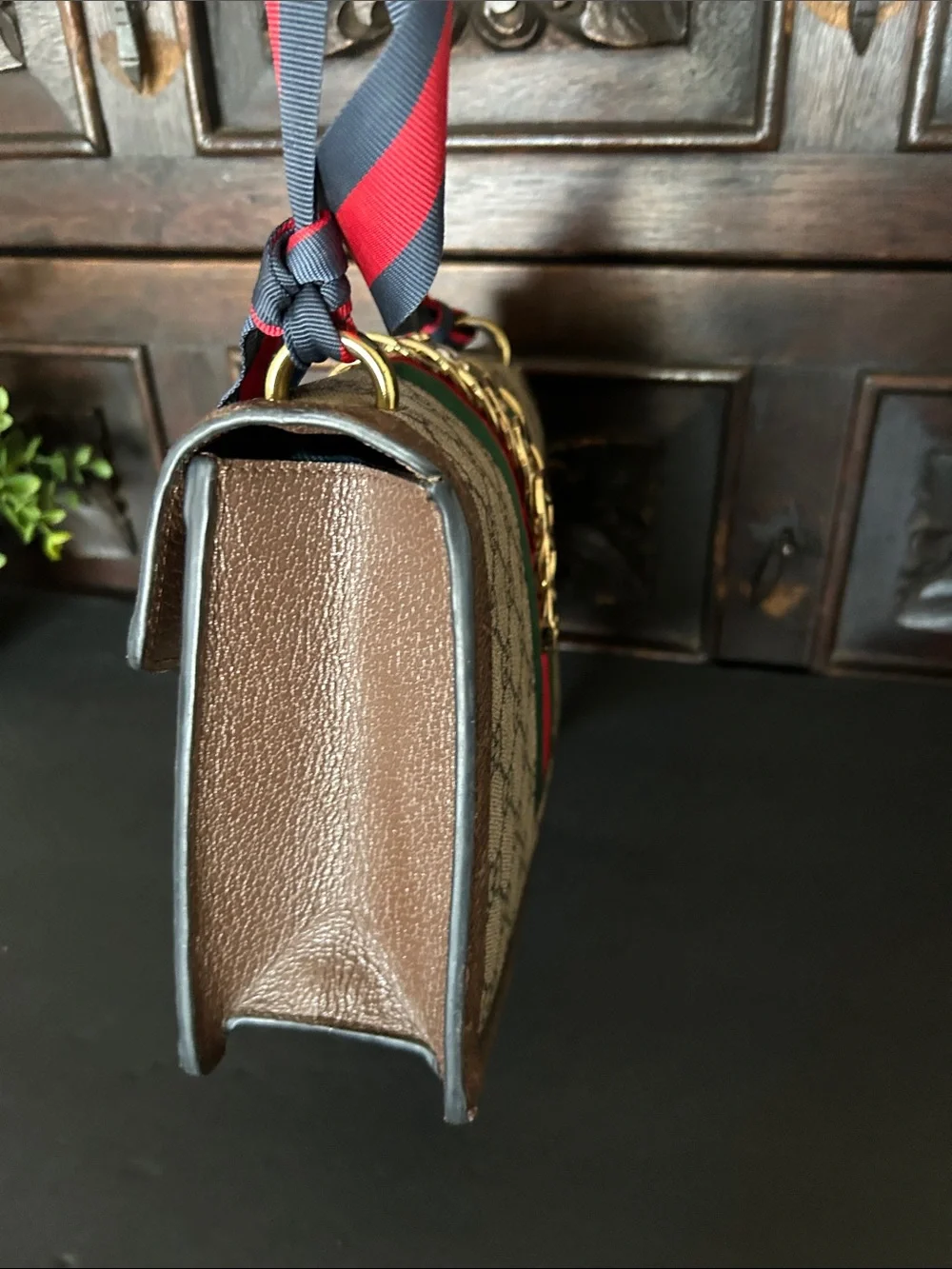 Beautiful Beige Crossbody with Green and Red-Blue Web Strap